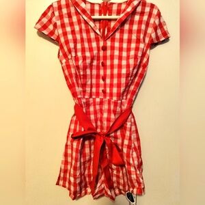 RETRO STAGE.  Red 1940's Lapel Plaid Belted Romper. XL. NWT.